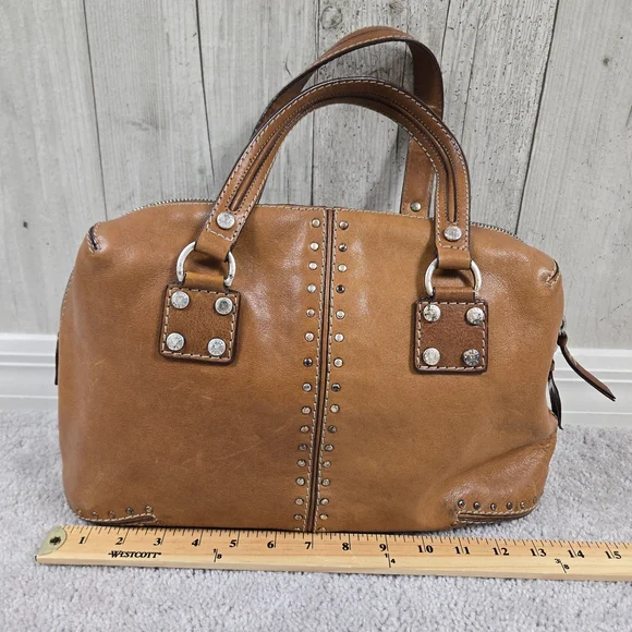 MICHAEL KORS Fulton Tote Cognac Leather Studded Handbag Boho Baddie Purse - Picture 2 of 7